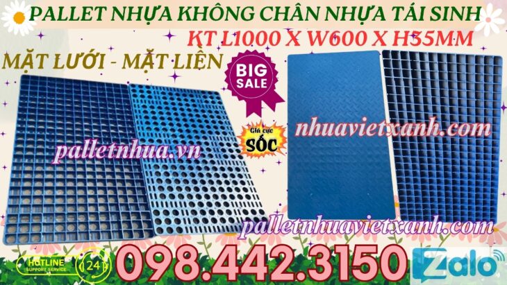 Pallet nhựa lót sàn không chân 1000x600x35mm nhựa tái sinh