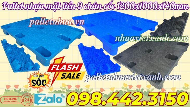 Pallet nhựa cốc 9 chân mặt liền 1200x1000x140mm