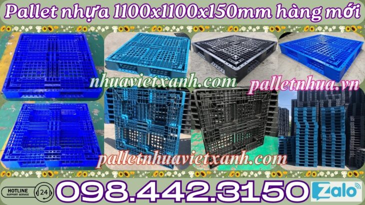 Pallet nhựa 1100x1100x150mm hàng mới màu xanh dương và đen