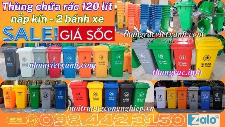 Thùng rác nhựa 120 lít nắp kín nhiều màu sắc giúp phân loại rác thải