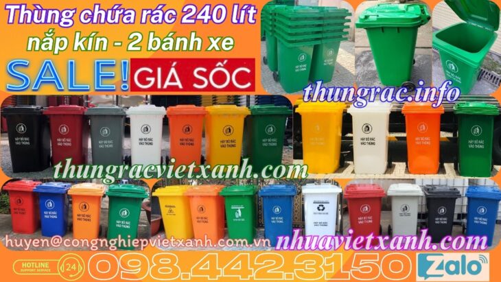 Thùng rác 240 lít nắp kín nhựa HDPE 2 bánh xe – nhiều màu sắc phân loại rác