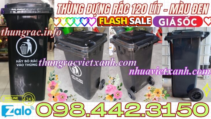 Khuyến mãi giá sốc – thùng rác 120 lít màu đen nhựa HDPE nắp kín 2 bánh xe