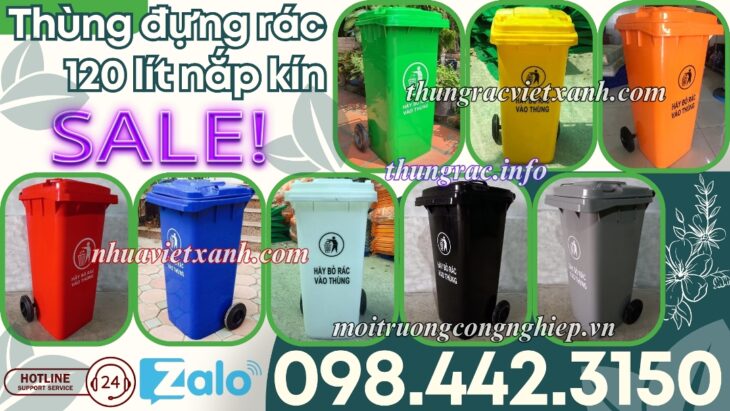 Thùng rác nhựa 120 lít nắp kín nhiều màu sắc giúp phân loại rác thải