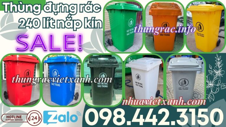 Thùng rác 240 lít nắp kín nhựa HDPE 2 bánh xe – nhiều màu sắc phân loại rác