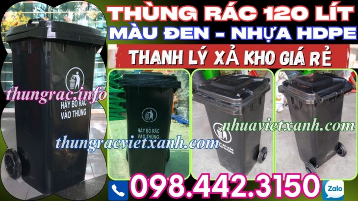 Khuyến mãi giá sốc – thùng rác 120 lít màu đen nhựa HDPE nắp kín 2 bánh xe