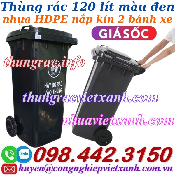 Khuyến mãi giá sốc – thùng rác 120 lít màu đen nhựa HDPE nắp kín 2 bánh xe