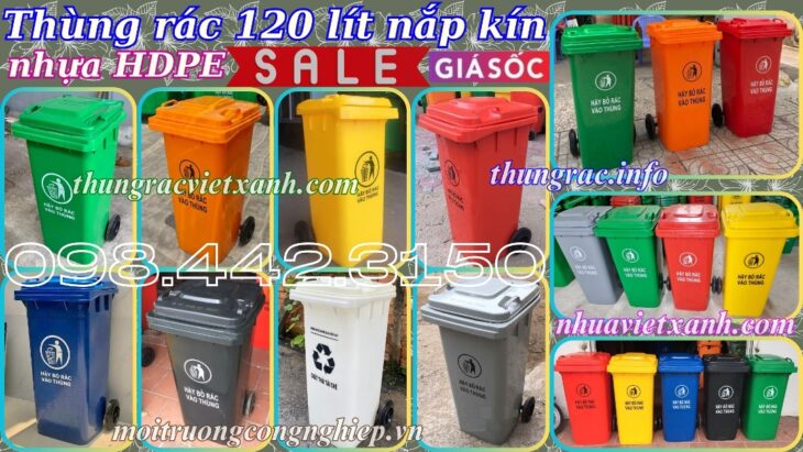 Thùng rác nhựa 120 lít nắp kín nhiều màu sắc giúp phân loại rác thải