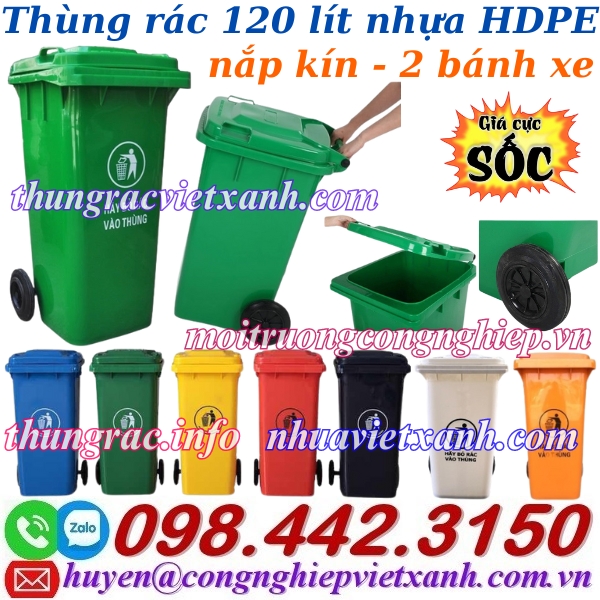 Thùng rác nhựa 120 lít nắp kín nhiều màu sắc giúp phân loại rác thải