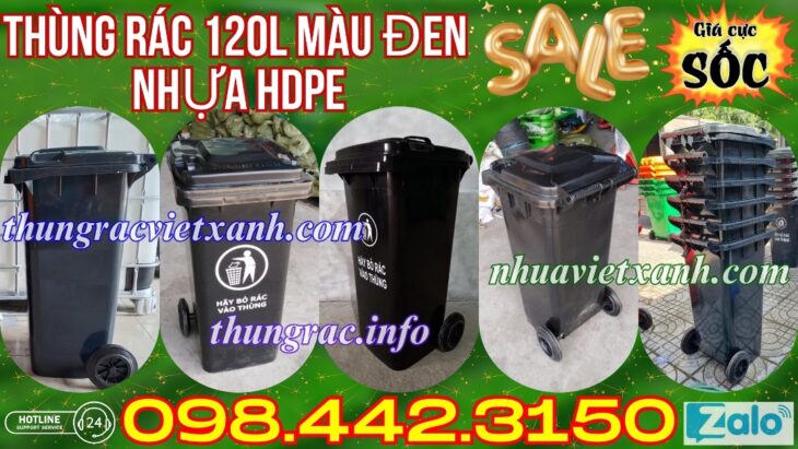 Khuyến mãi giá sốc – thùng rác 120 lít màu đen nhựa HDPE nắp kín 2 bánh xe