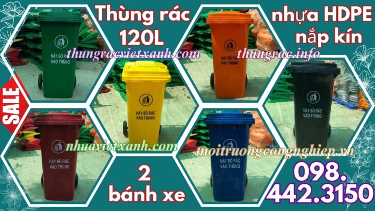 Thùng rác nhựa 120 lít nắp kín nhiều màu sắc giúp phân loại rác thải