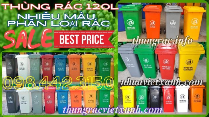 Thùng rác nhựa 120 lít nắp kín nhiều màu sắc giúp phân loại rác thải