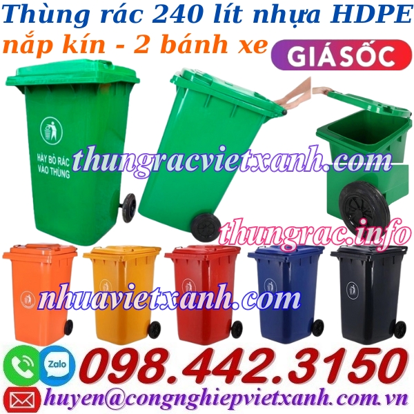 Thùng rác 240 lít nắp kín nhựa HDPE 2 bánh xe – nhiều màu sắc phân loại rác