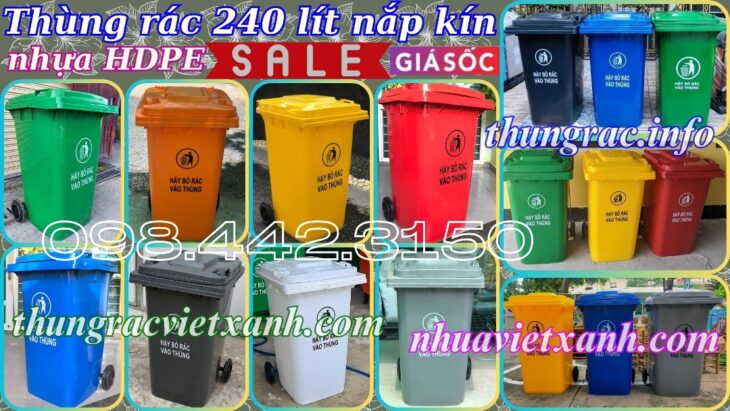 Thùng rác 240 lít nắp kín nhựa HDPE 2 bánh xe – nhiều màu sắc phân loại rác