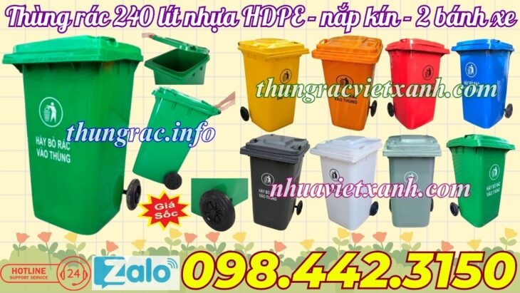 Thùng rác 240 lít nắp kín nhựa HDPE 2 bánh xe – nhiều màu sắc phân loại rác