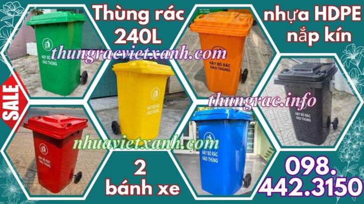 Thùng rác 240 lít nắp kín nhựa HDPE 2 bánh xe – nhiều màu sắc phân loại rác
