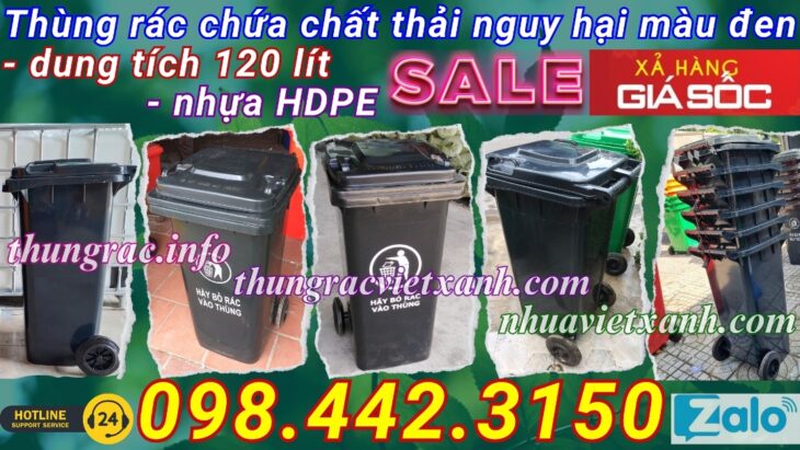 Khuyến mãi giá sốc – thùng rác 120 lít màu đen nhựa HDPE nắp kín 2 bánh xe