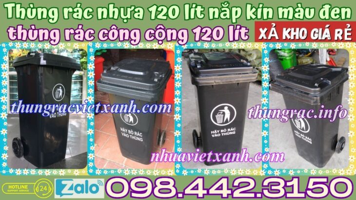 Khuyến mãi giá sốc – thùng rác 120 lít màu đen nhựa HDPE nắp kín 2 bánh xe
