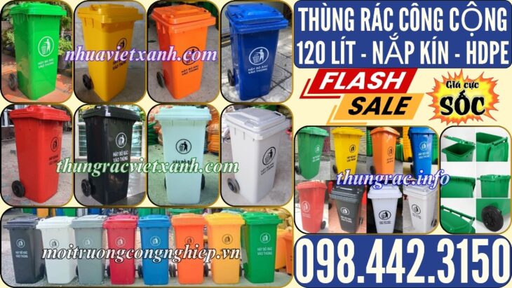 Thùng rác nhựa 120 lít nắp kín nhiều màu sắc giúp phân loại rác thải