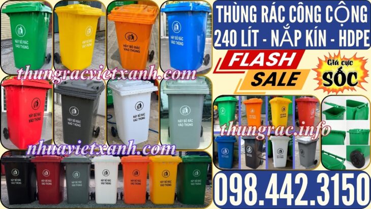 Thùng rác 240 lít nắp kín nhựa HDPE 2 bánh xe – nhiều màu sắc phân loại rác