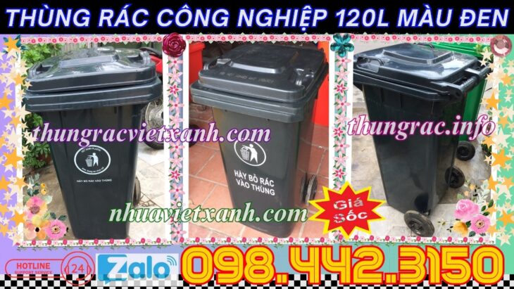 Khuyến mãi giá sốc – thùng rác 120 lít màu đen nhựa HDPE nắp kín 2 bánh xe