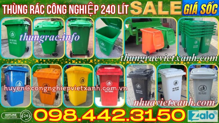 Thùng rác 240 lít nắp kín nhựa HDPE 2 bánh xe – nhiều màu sắc phân loại rác