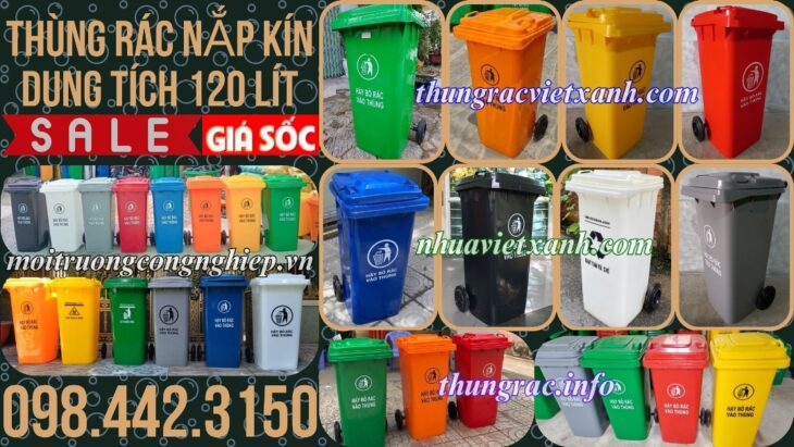 Thùng rác nhựa 120 lít nắp kín nhiều màu sắc giúp phân loại rác thải