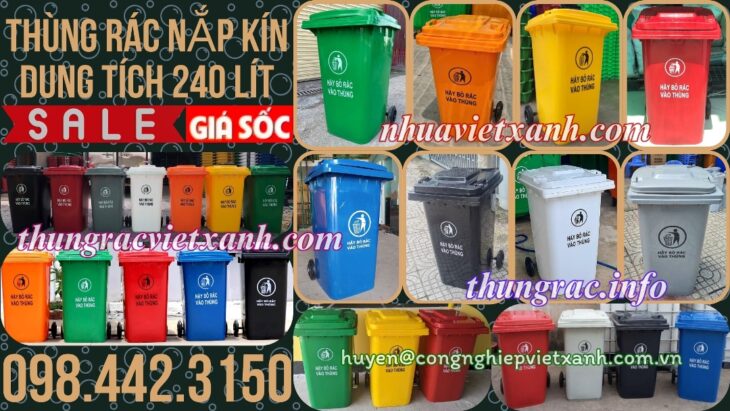 Thùng rác 240 lít nắp kín nhựa HDPE 2 bánh xe – nhiều màu sắc phân loại rác