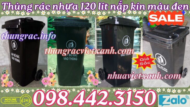 Khuyến mãi giá sốc – thùng rác 120 lít màu đen nhựa HDPE nắp kín 2 bánh xe