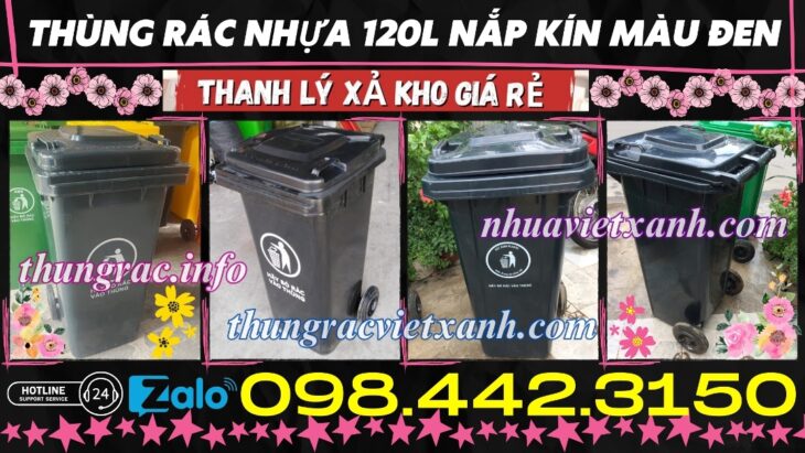 Khuyến mãi giá sốc – thùng rác 120 lít màu đen nhựa HDPE nắp kín 2 bánh xe