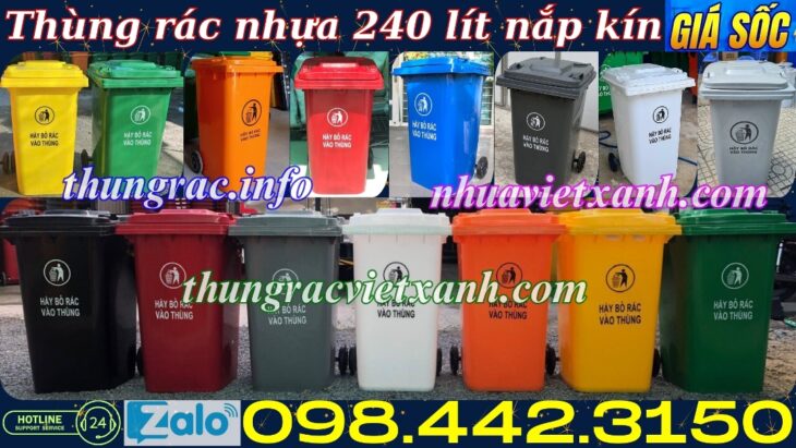 Thùng rác 240 lít nắp kín nhựa HDPE 2 bánh xe – nhiều màu sắc phân loại rác