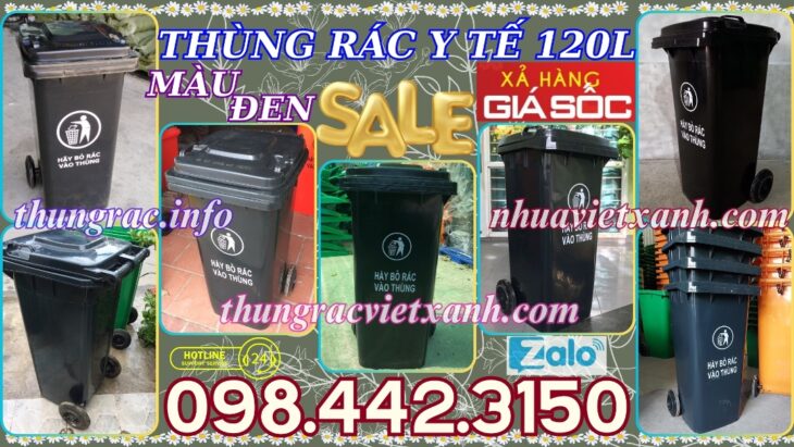 Khuyến mãi giá sốc – thùng rác 120 lít màu đen nhựa HDPE nắp kín 2 bánh xe