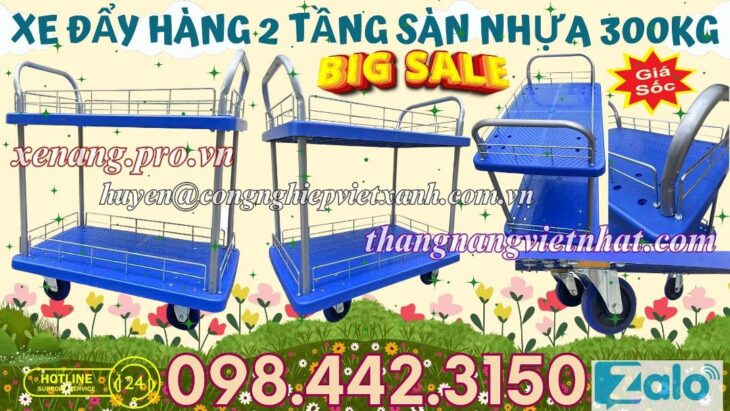Xe đẩy hàng 2 tầng sàn nhựa 300kg