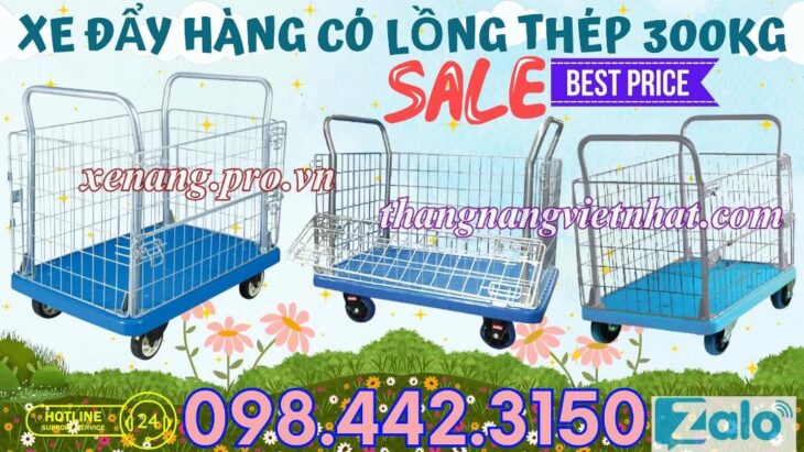 Xe đẩy hàng sàn nhựa 300kg có lồng thép