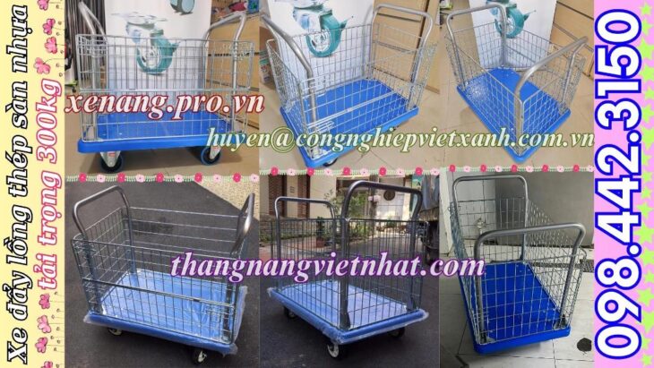 Xe đẩy hàng sàn nhựa 300kg có lồng thép