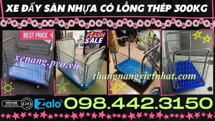 Xe đẩy hàng sàn nhựa 300kg có lồng thép