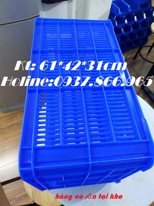 Sọt nhựa Kt 61*42*31cm đáy đặc, sóng nhựa hở dùng dùng trong nhà máy, phân phối sọt như