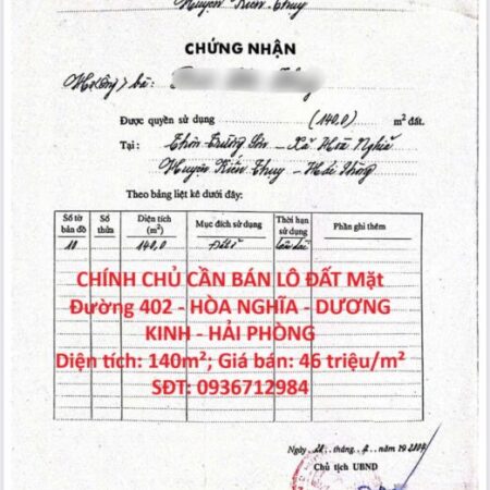 CHÍNH CHỦ CẦN BÁN LÔ ĐẤT Mặt Đường 402 – HÒA NGHĨA – DƯƠNG KINH – HẢI PHÒNG