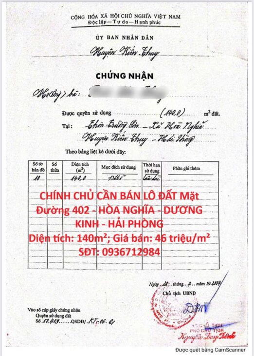 CHÍNH CHỦ CẦN BÁN LÔ ĐẤT Mặt Đường 402 – HÒA NGHĨA – DƯƠNG KINH – HẢI PHÒNG