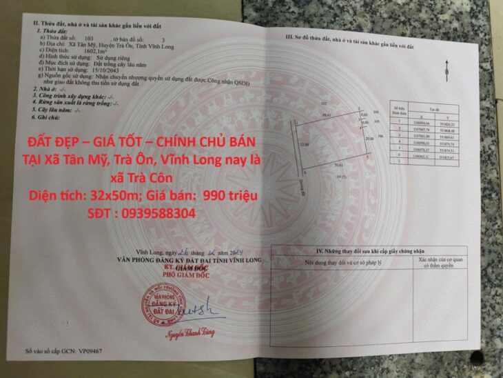 ĐẤT ĐẸP – GIÁ TỐT – CHÍNH CHỦ BÁN TẠI Xã Tân Mỹ, Trà Ôn, Vĩnh Long nay là xã Trà Côn