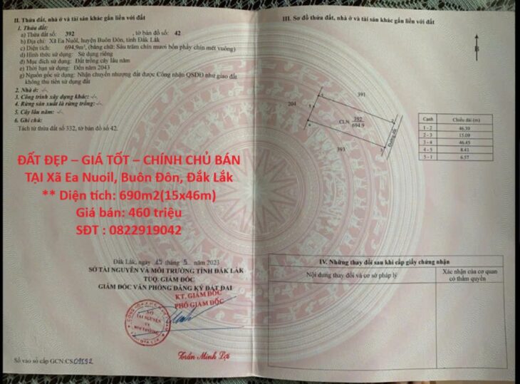 ĐẤT ĐẸP – GIÁ TỐT – CHÍNH CHỦ BÁN TẠI Xã Ea Nuoil, Buôn Đôn, Đắk Lắk