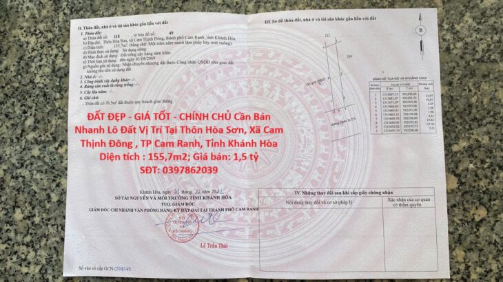 ĐẤT ĐẸP – GIÁ TỐT – CHÍNH CHỦ Cần Bán Nhanh Lô Đất Vị Trí Tại TP Cam Ranh, Tỉnh Khánh Hòa