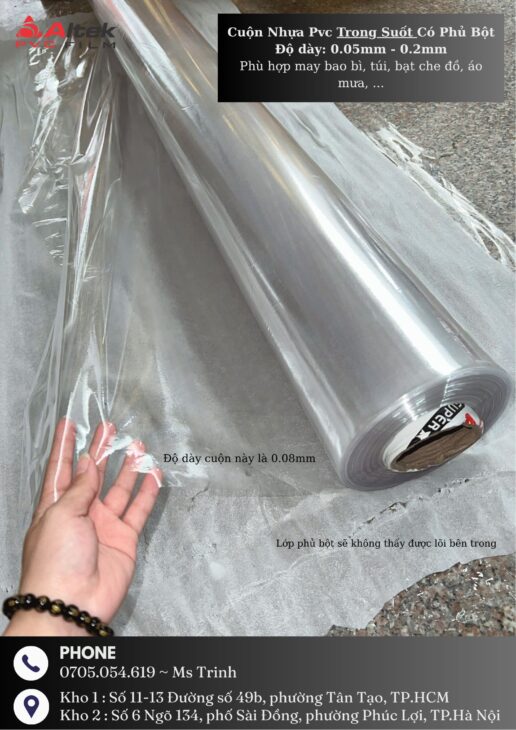 Nhà xưởng phân phối cuộn nhựa pvc trong dẻo, dày 0.08mm