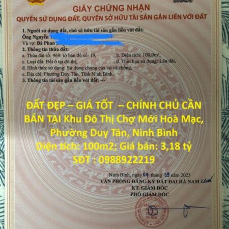 ĐẤT ĐẸP – GIÁ TỐT – CHÍNH CHỦ CẦN BÁN TẠI Khu Đô Thị Chợ Mới Hoà Mạc, Phường Duy Tân, Ninh Bình
