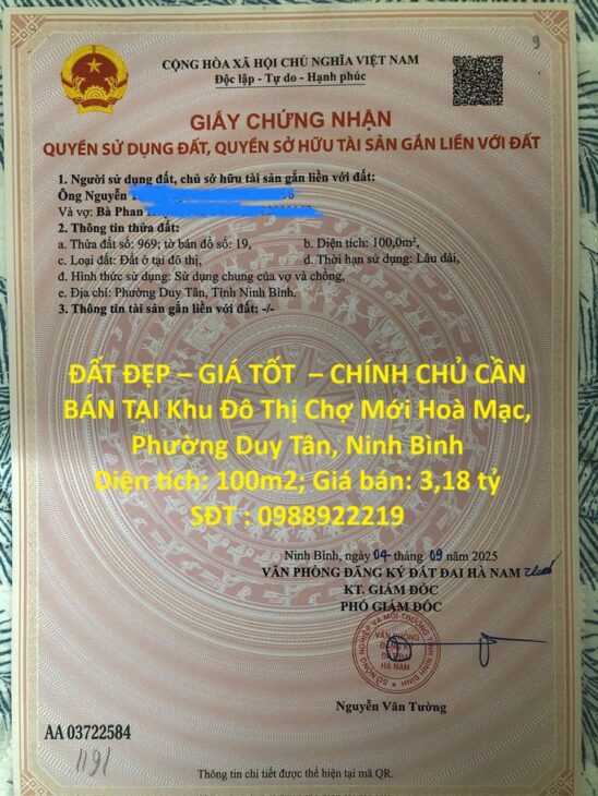 ĐẤT ĐẸP – GIÁ TỐT – CHÍNH CHỦ CẦN BÁN TẠI Khu Đô Thị Chợ Mới Hoà Mạc, Phường Duy Tân, Ninh Bình