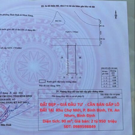 ĐẤT ĐẸP – GIÁ ĐẦU TƯ – CẦN BÁN GẤP LÔ ĐẤT TẠI Khu Chợ Mới, P. Bình Định, TX. An Nhơn, Bình Định
