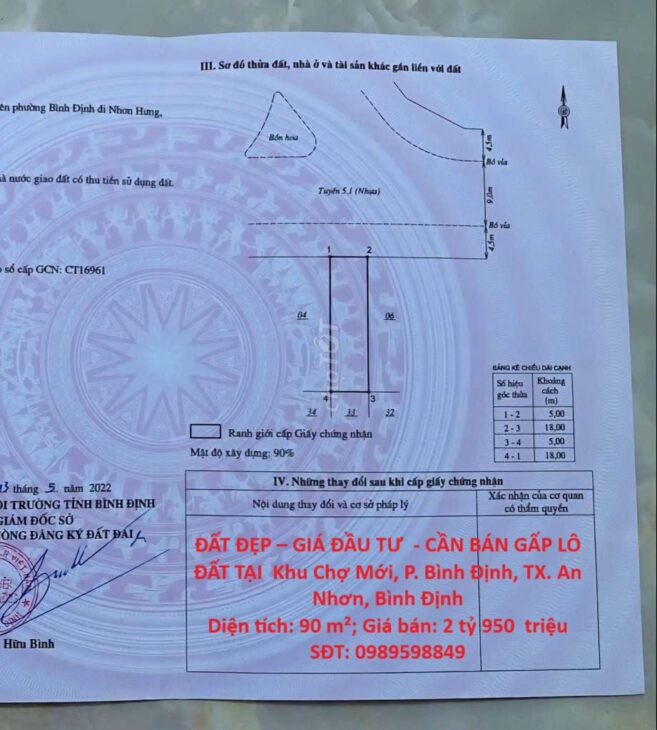 ĐẤT ĐẸP – GIÁ ĐẦU TƯ – CẦN BÁN GẤP LÔ ĐẤT TẠI Khu Chợ Mới, P. Bình Định, TX. An Nhơn, Bình Định