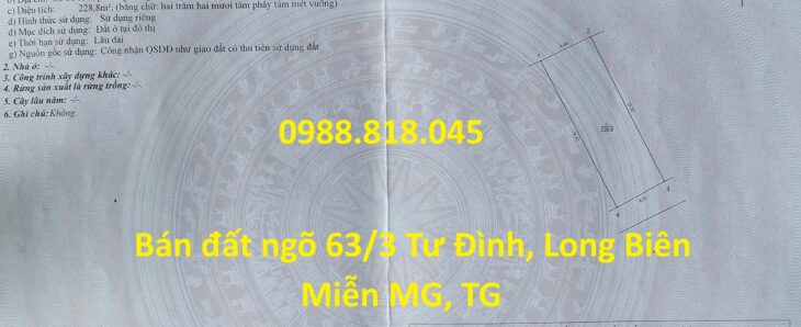 Đất ngõ 63 Tư Đình, phường Long Biên, thành phố Hà Nội, 229m2, đường ô tô tránh, miễn TG Đất ngõ 63 Tư Đình, phường Long Biên, thành phố Hà Nội, 229m2, đường ô tô tránh, miễn TG