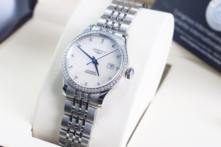 ĐH Nữ Longines Record Automatic Chronometer Mặt Xà Cừ, full Kim Cương, Size 30mm Fullbox