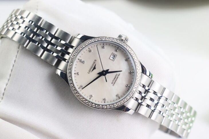 ĐH Nữ Longines Record Automatic Chronometer Mặt Xà Cừ, full Kim Cương, Size 30mm Fullbox