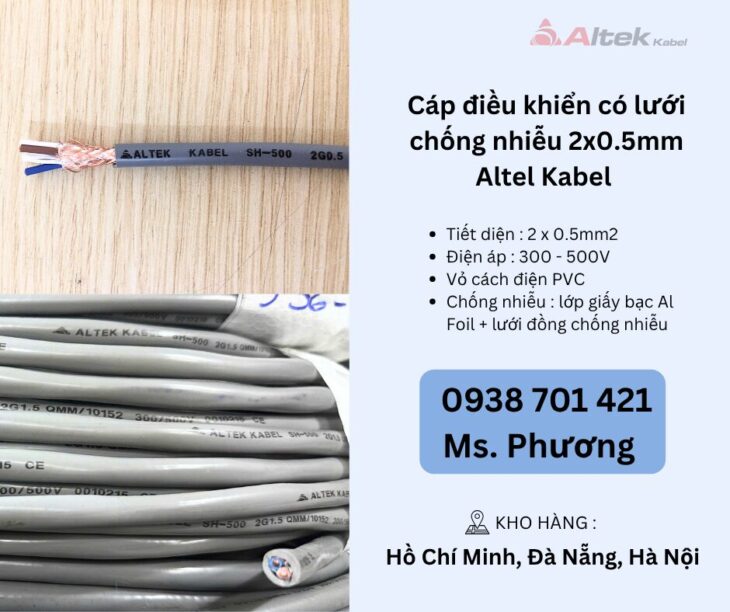 Cáp điều khiển có lưới chống nhiễu 2×0.5mm Altel Kabel Đà Nẵng, Hà Nội, Hồ Chí Minh